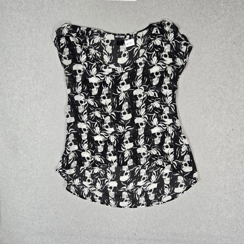 Hot Topic Women Blouse 1X Black Skull Tunic Cold Shoulder Sheer High Low Hem